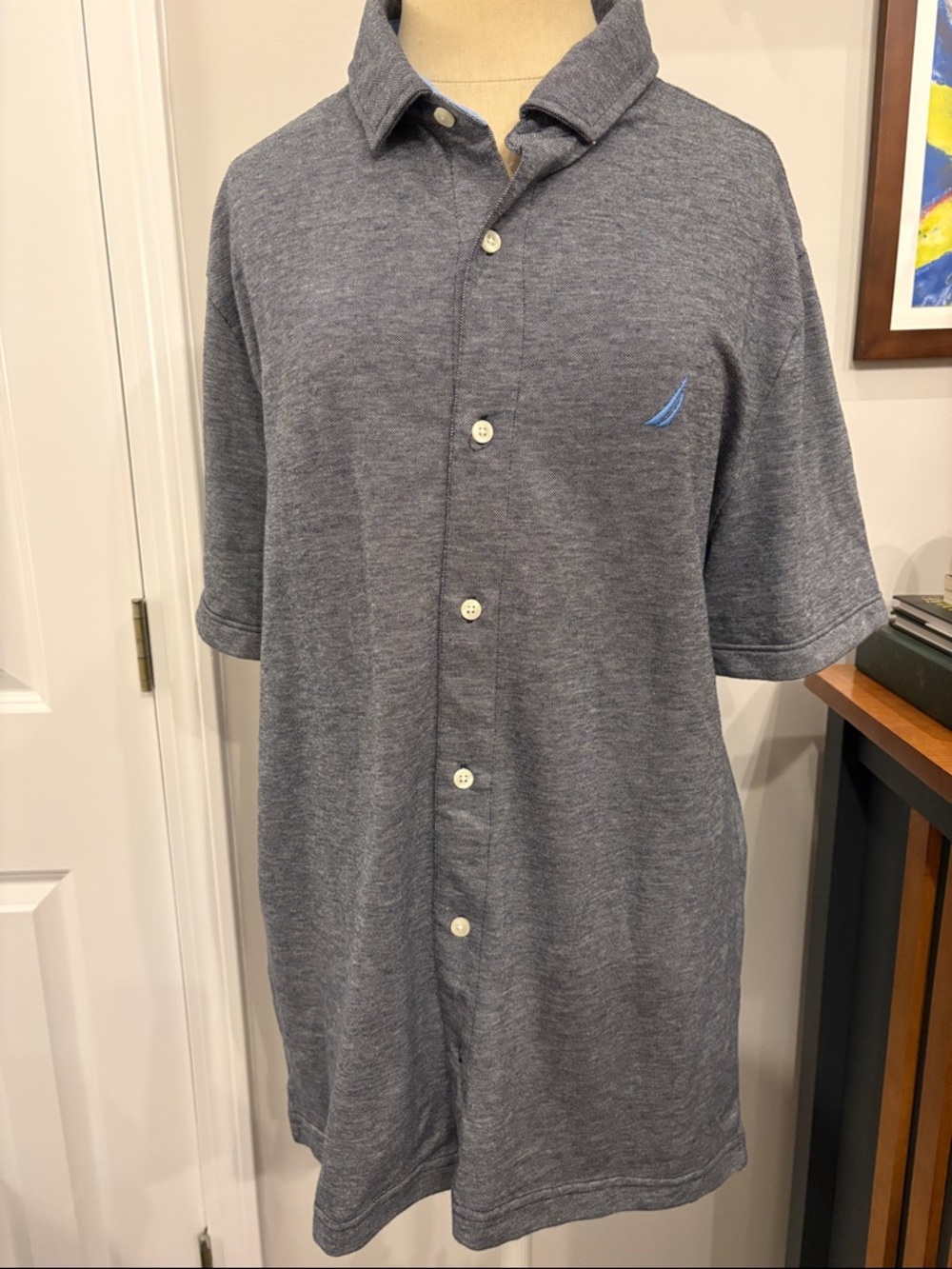 Nautica Heather Gray Short Sleeve Button Polo with Light Blue details